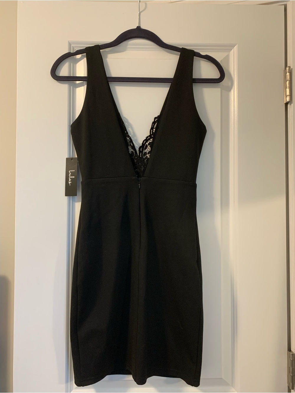 Lulu's Black Deep V-Neck Lace-Trim Mini Dress